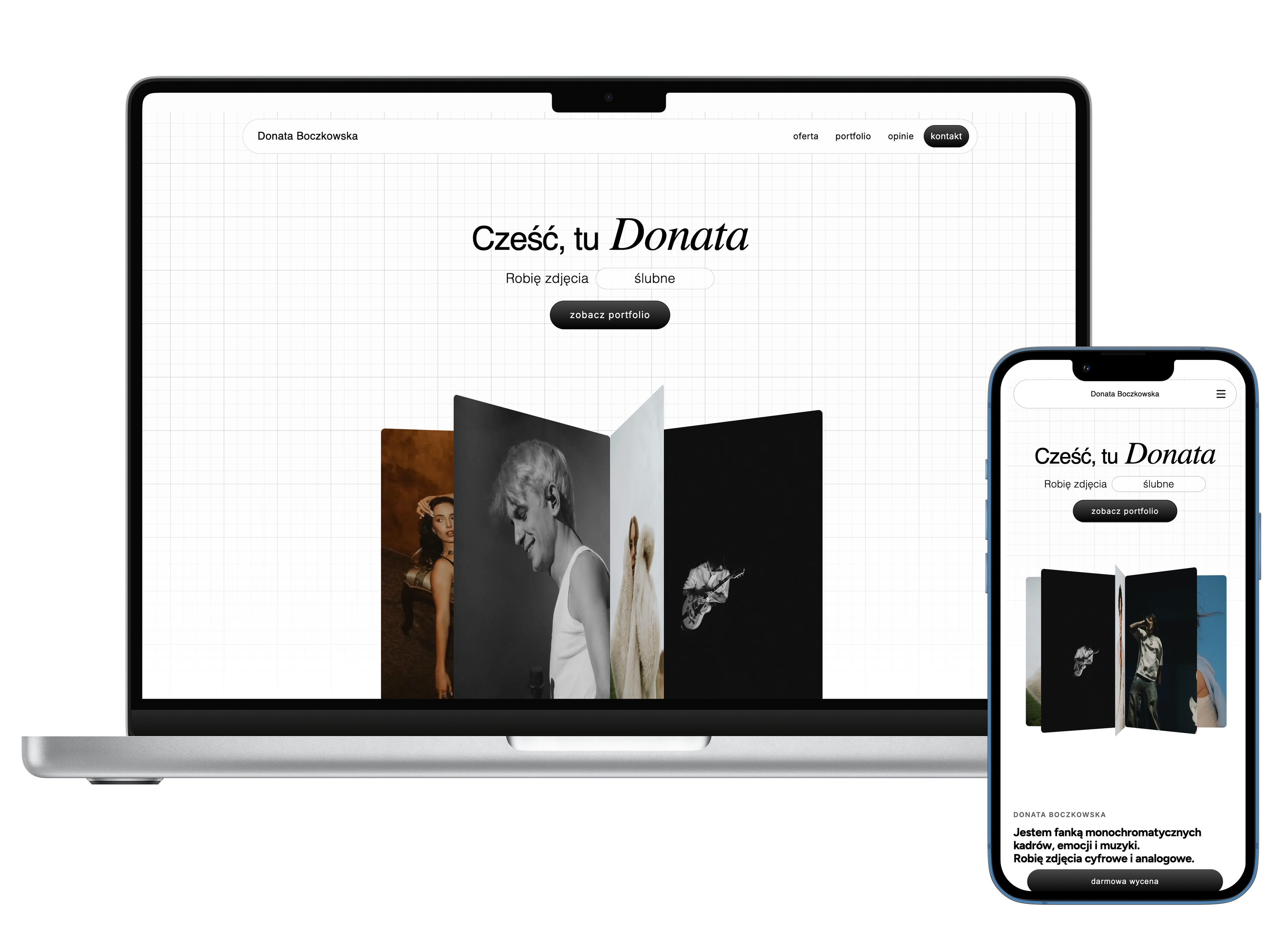 Case study: portfolio Donata Boczkowska — jasna strona wejściowa z nagłówkiem i portretami, widok desktop i mobile