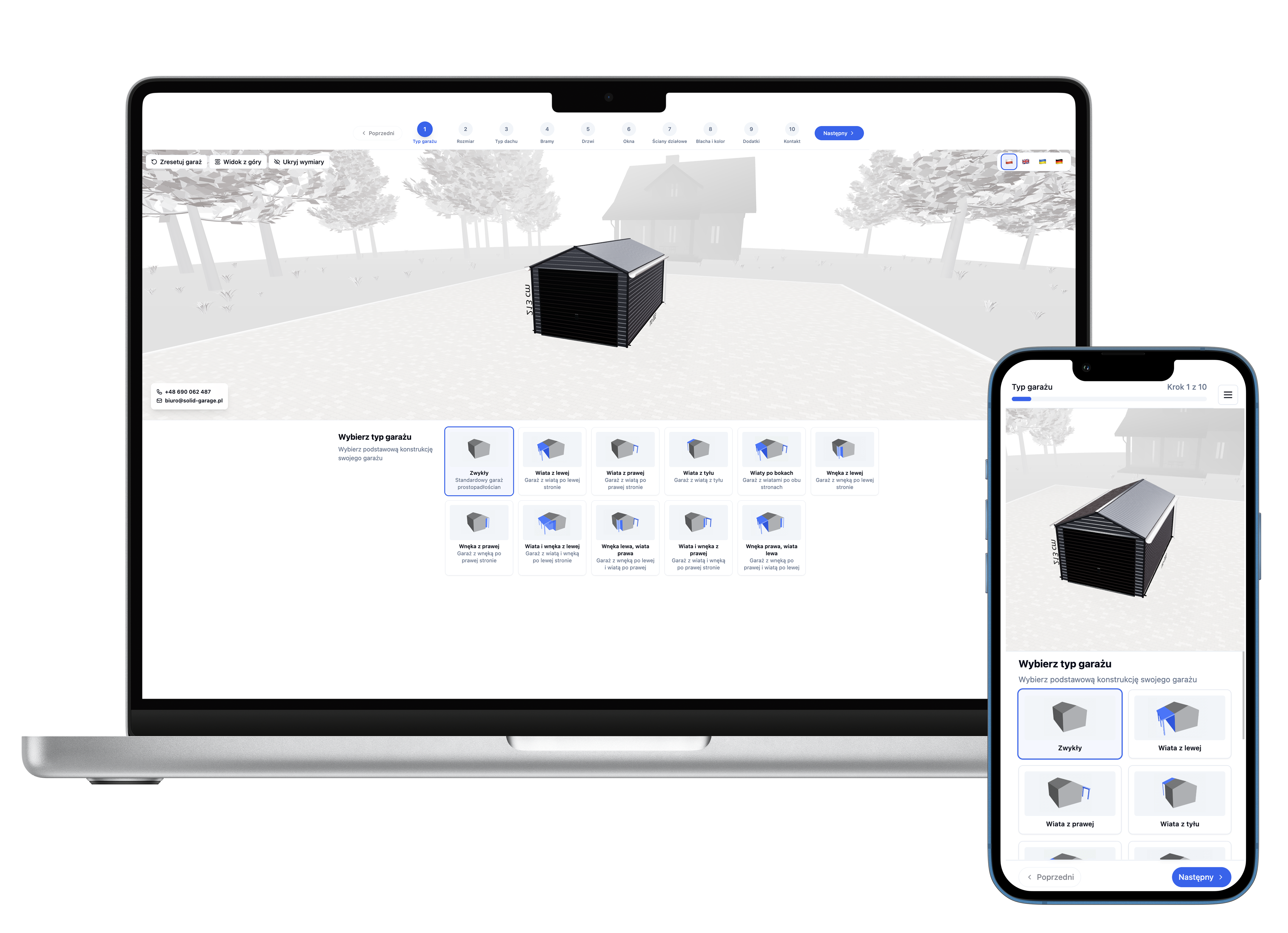Case study: konfigurator 3D Solid Garage — wybór typu garażu, widok desktop i mobile