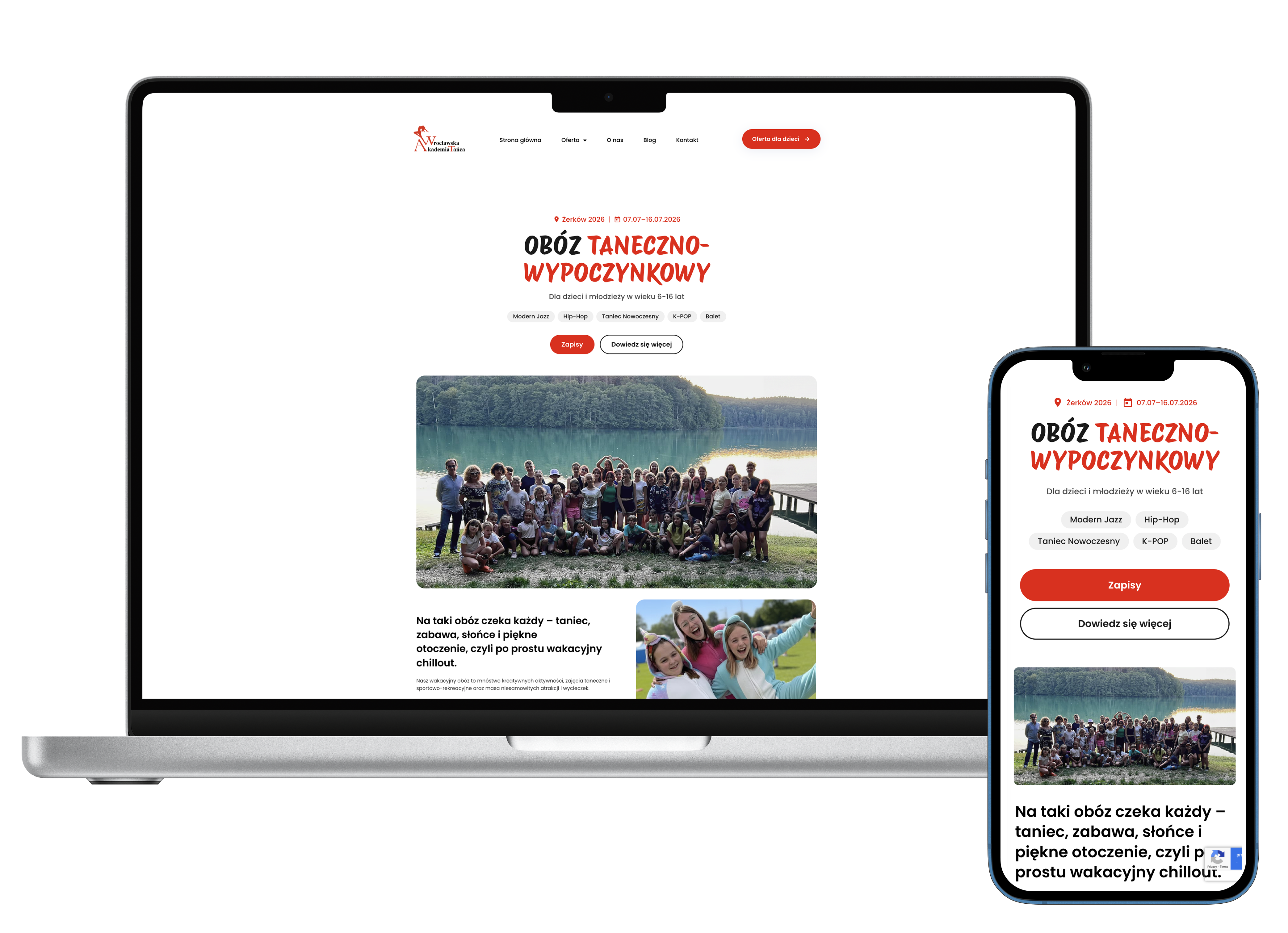 Case study: Wrocławska Akademia Tańca — landing obozu tanecznego, widok laptop i smartfon